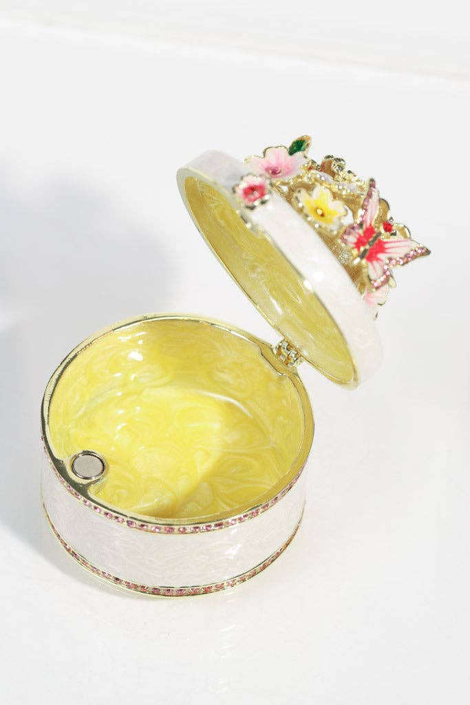 White Enamel Floral Jewelry Box with Butterfly