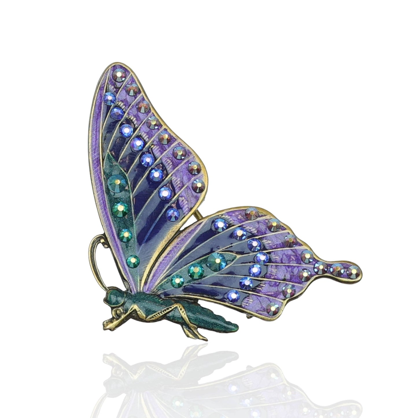 Dark Green Indigo Purple Enameled Crystal Butterfly Brooch