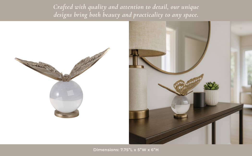 Decorative Object - Gold Metal Butterfly on Glass Orb, 8 in.