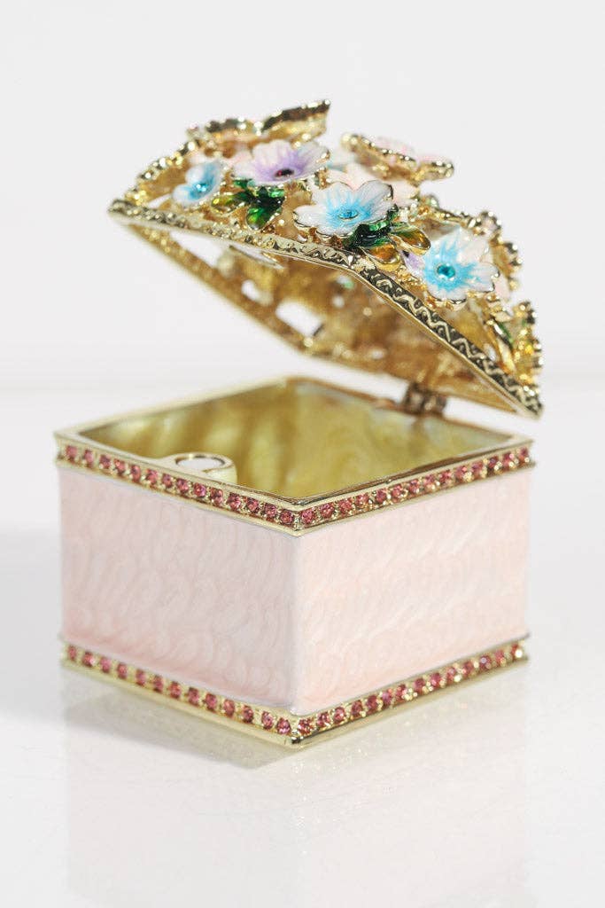 Square Pink Enamel Jewelry Box with Floral Cluster
