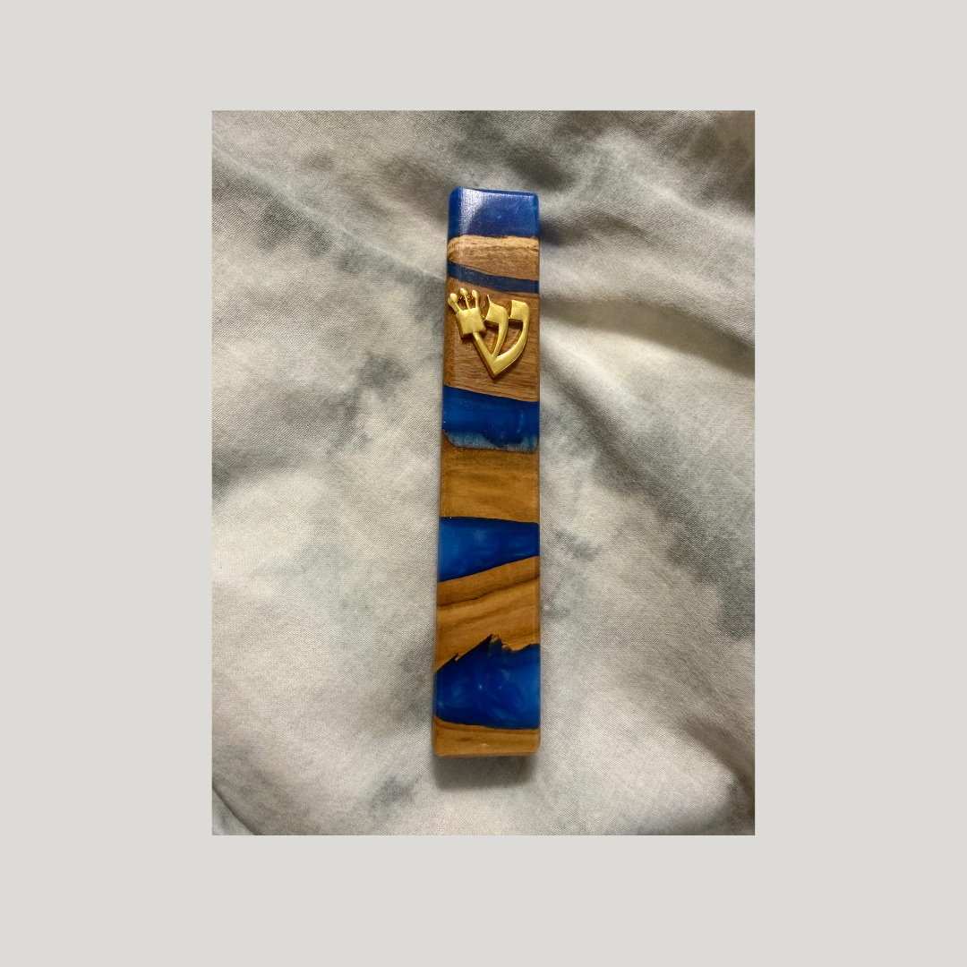 Modern Olive Wood & Dark Blue Resin Mezuzah – Hand-Poured