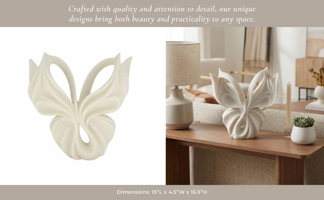 Decorative Sculpture - White Quartz Resin Butterfly, 16 in.
