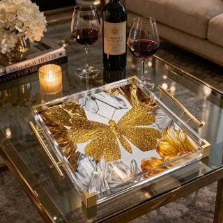 Gold Butterfly Acrylic Serving Tray Large square 12x12in