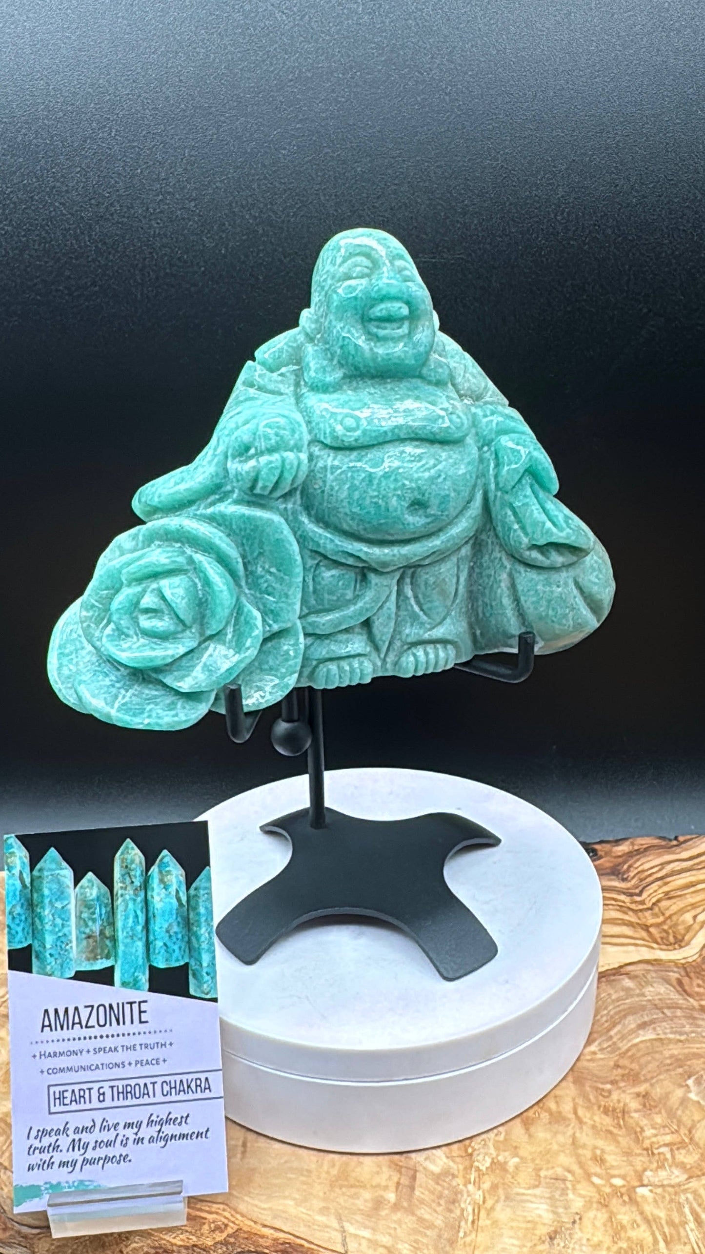 Amazonite Laughing Happy Buddha & Rose Carving L325