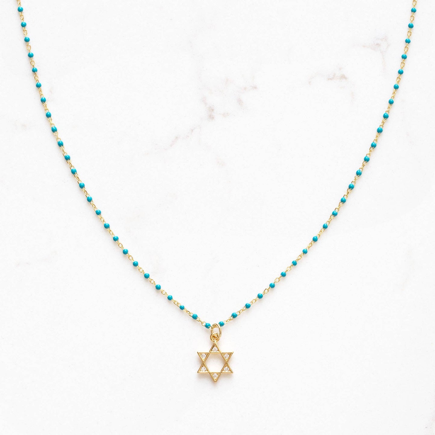 Enamel Beaded Charm Necklace/ Star of David Gold and White