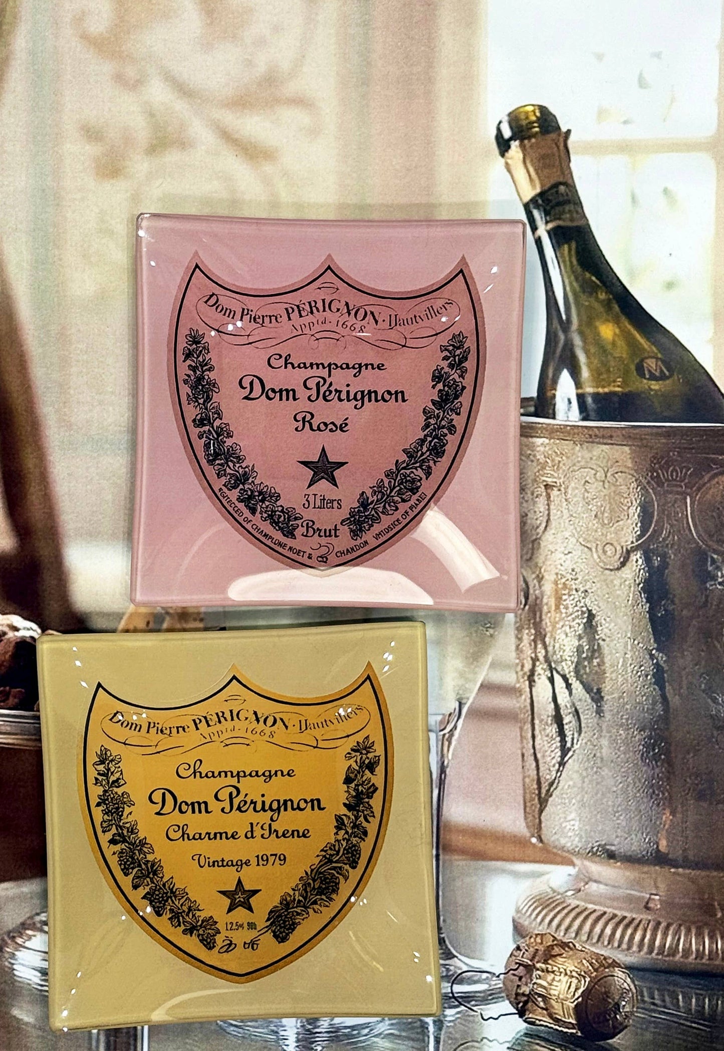 Vintage Dom Perignon Rose Decoupage Glass Tray