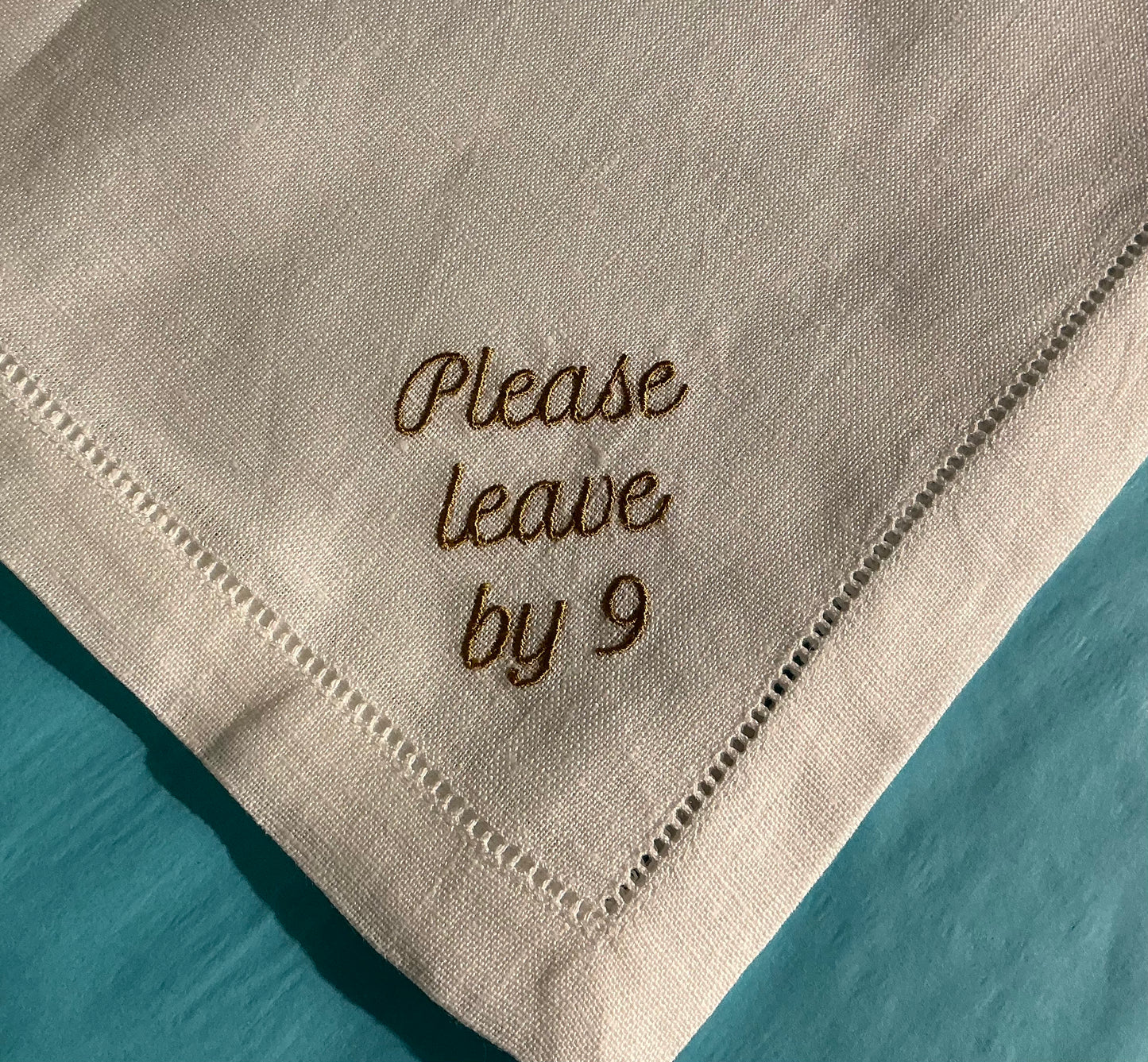 “Please Leave by 9” Linen Dinner Napkins – Set of 12