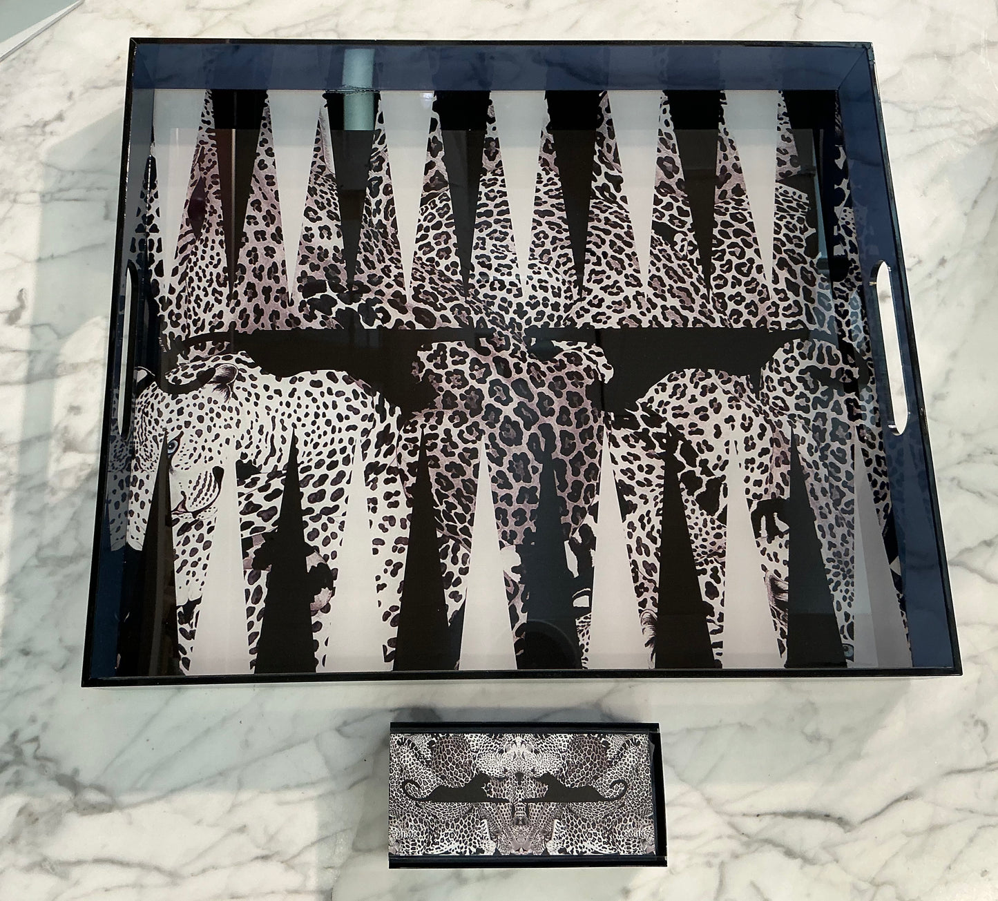 Acrylic Backgammon Set/Tray- Black Leopard Pattern