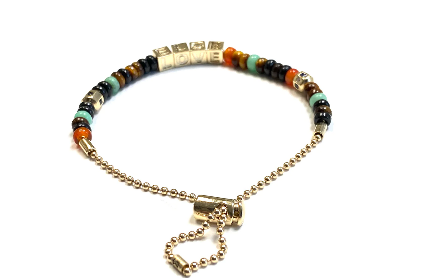 Gold Love Cubes With Sapphire Octagons On Gemstone Beaded Ball Chain Bracelet
