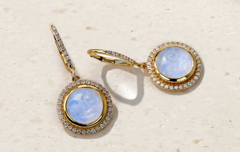 Happy Face Moonstone and Diamond Drop Earrings