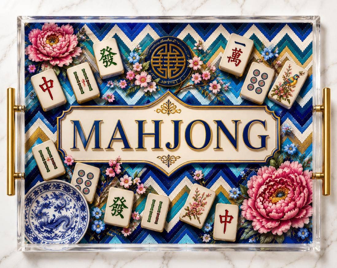 Luxury Mahjong Acrylic Serving Tray – Blue Chinoiserie Decor