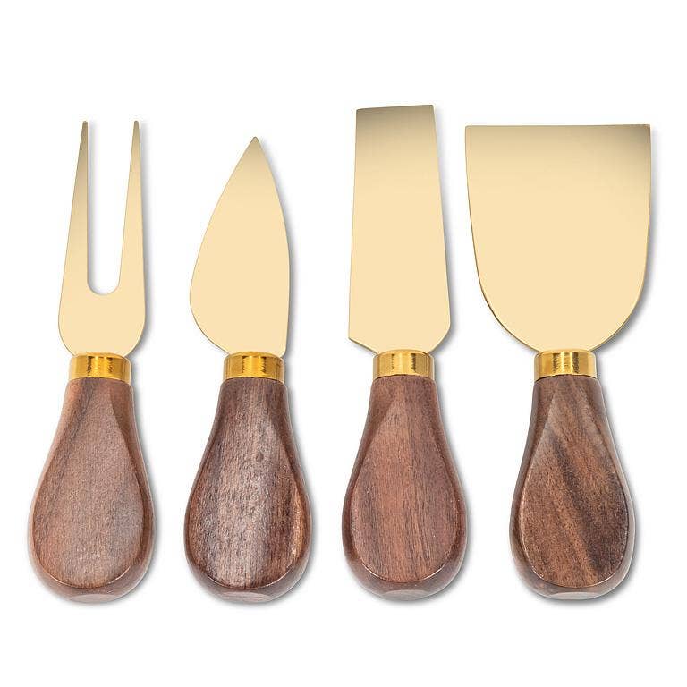 Set of 4 Walnut Handled Cheese Knives-Gold