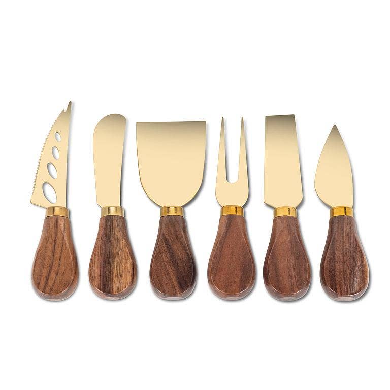 Set of 6 Walnut Handled Cheese Knives-Gold
