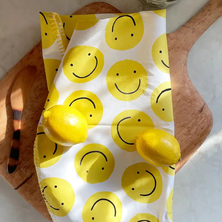 Smiley Cotton Tea Towel with Embroidered Detail