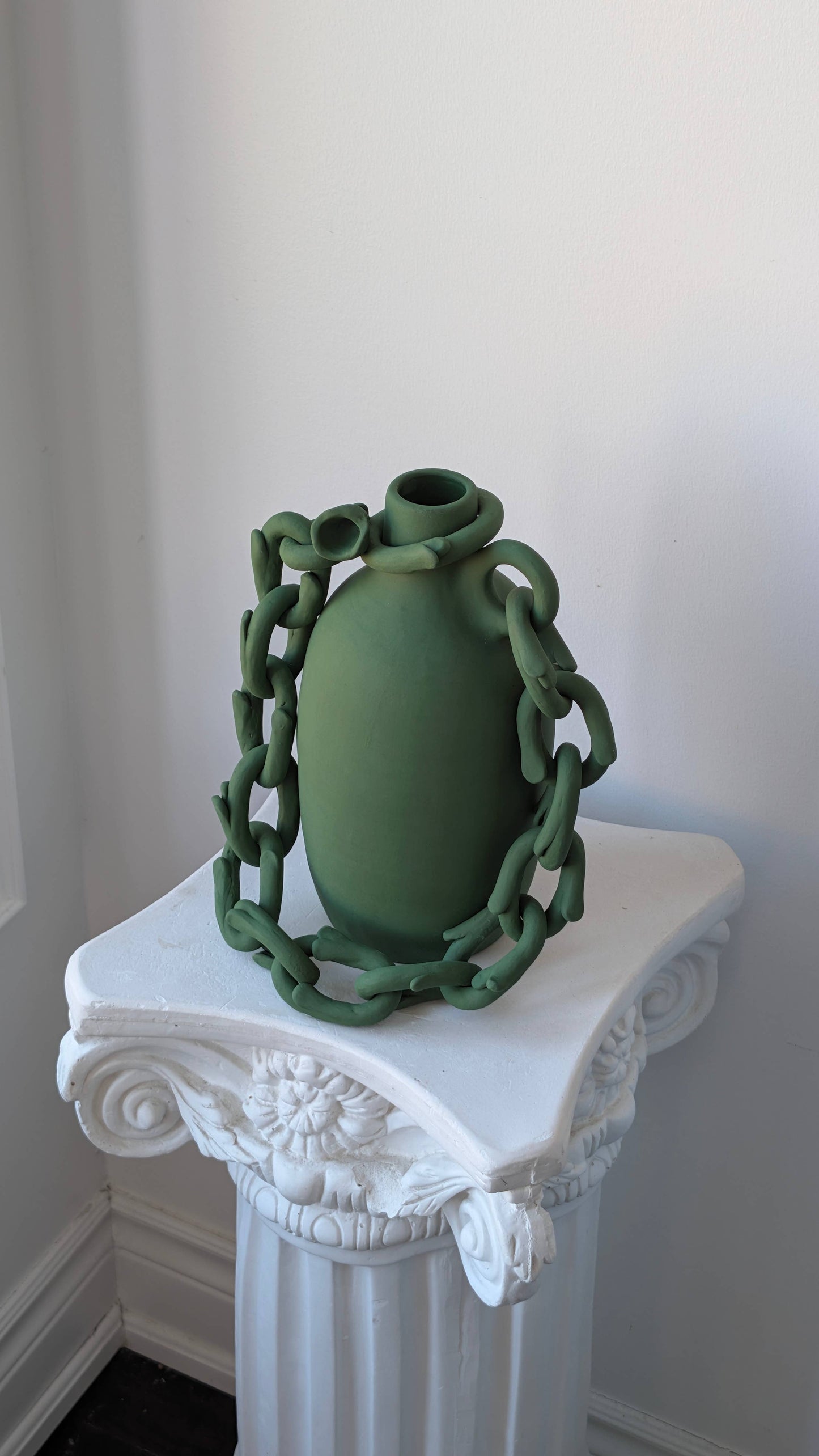 Handmade ceramic floral chain vase | green contemporary vase (Rare)One of a Kind