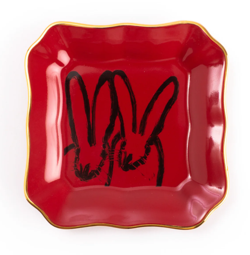 Slonem Bunny Portrait Plate with Hand-Painted Gold Rim - Red