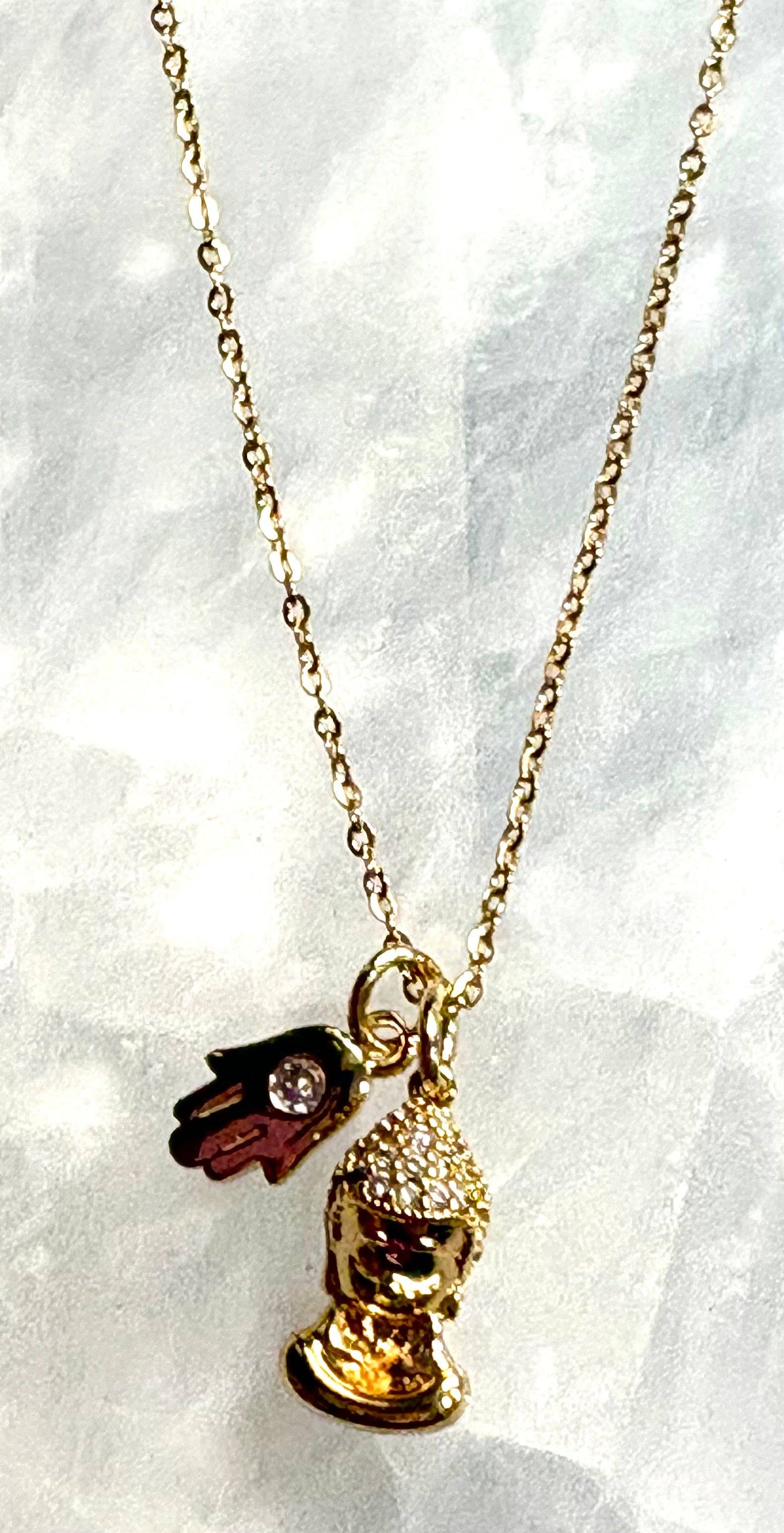 Gold Mini Buddha with mini gold Hamsa Necklace