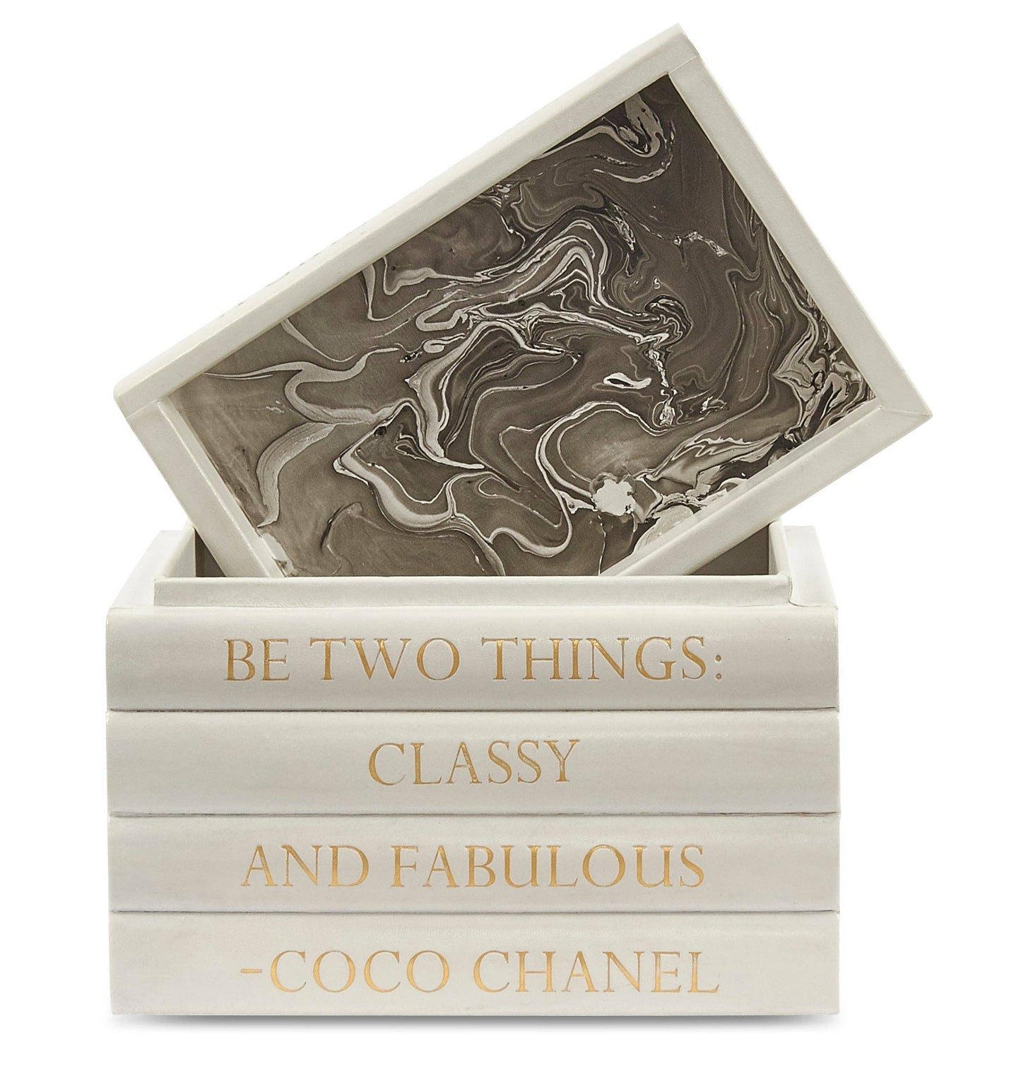 White Leather Book Bound Box with Coco Chanel Quote