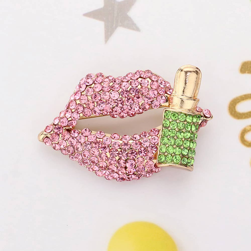 Bling Studded Lip and Lipstick Pin Brooch