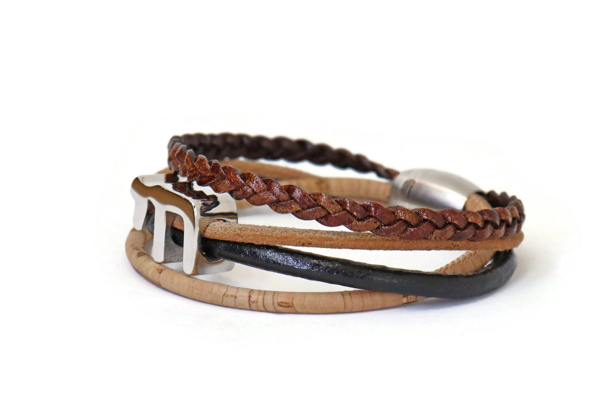 Jewish Judaic Chai Leather and Cork Bracelet
