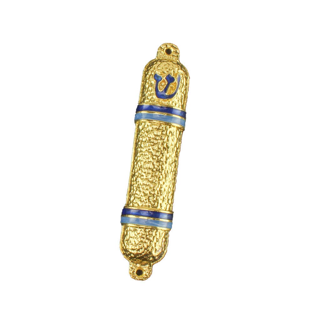 Metal Mezuzah Case Gold with Pink / Blue Lines: Blue