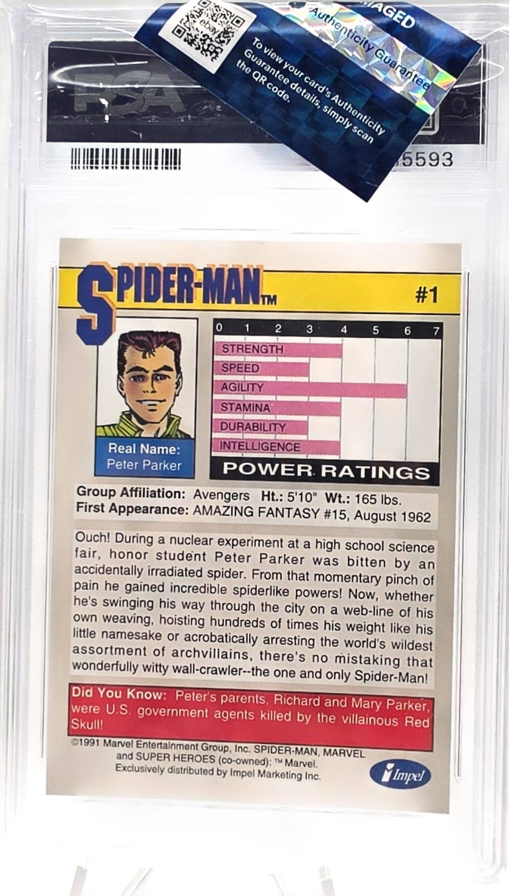 1991 Marvel Universe Series 2 #1 Spider-Man PSA 9 MintGraded