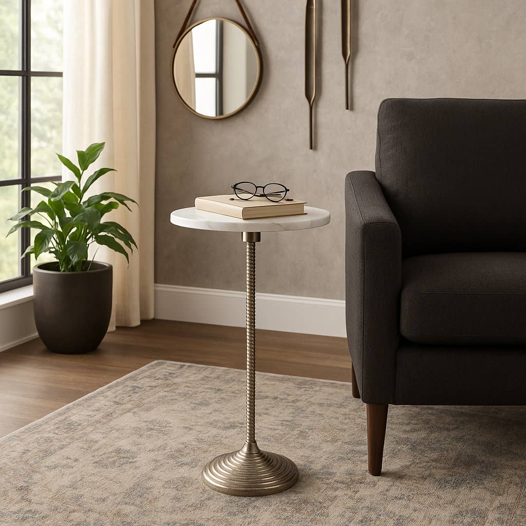 Drink Table - White Marble Top Pedestal Metal Base, 26 in.