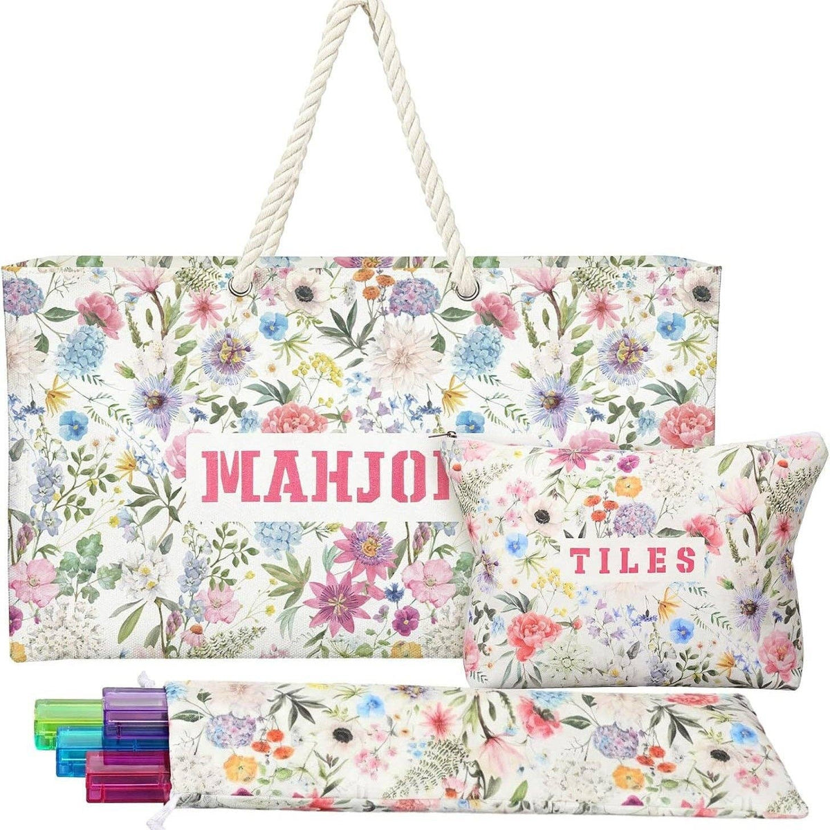 American Mahjong Beige Floral Print Storage Set