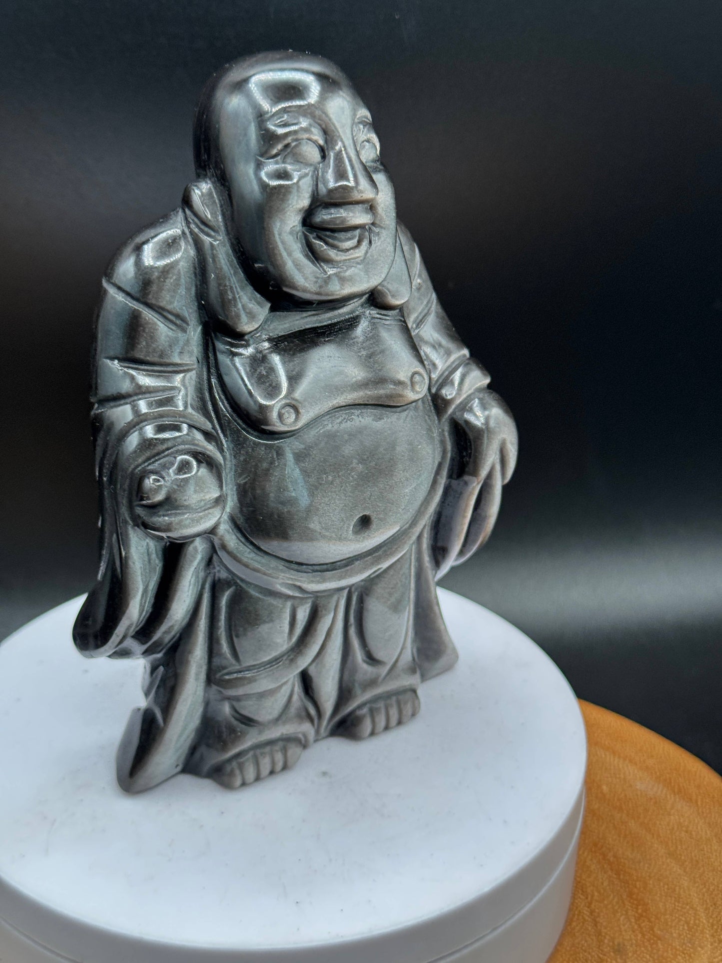 Silver Sheen Obsidian Laughing Happy Buddha carving H249