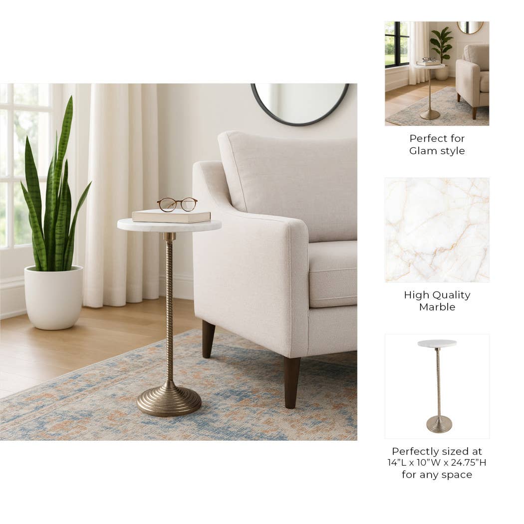 Drink Table - White Marble Top Pedestal Metal Base, 26 in.