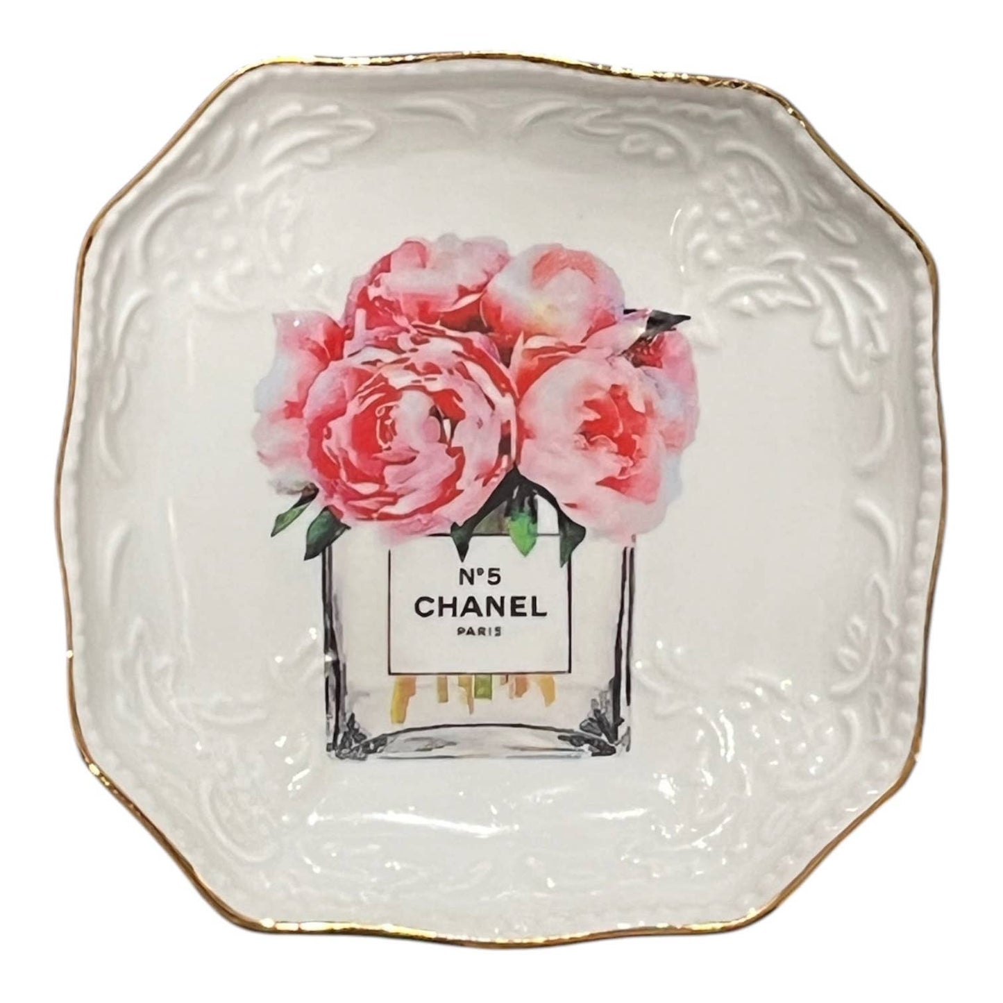 Bon Bon Tray with Gold Edge- Pink Peonies in Vase