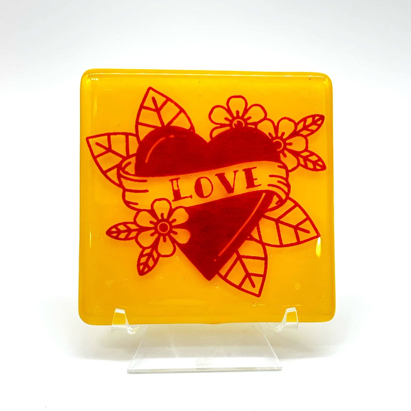 LOVE Tattoo Fused Glass 4" Single Coaster