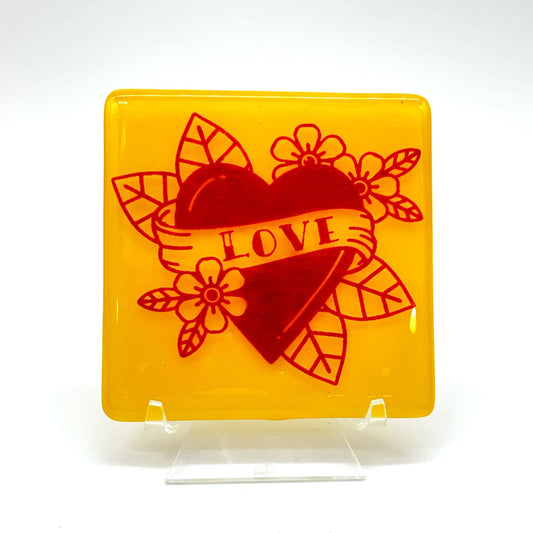 LOVE Tattoo Fused Glass 4" Single Coaster
