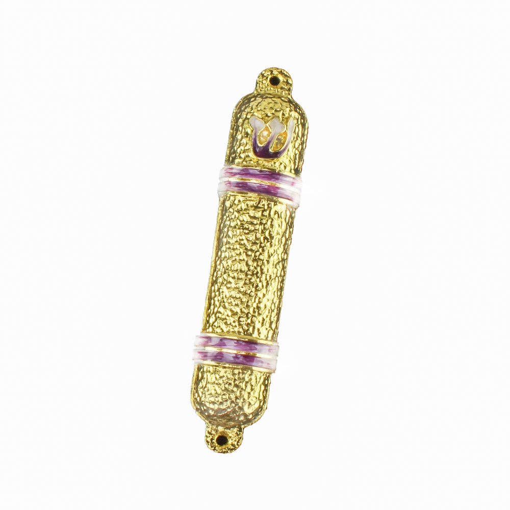 Metal Mezuzah Case Gold with Pink / Blue Lines: Blue