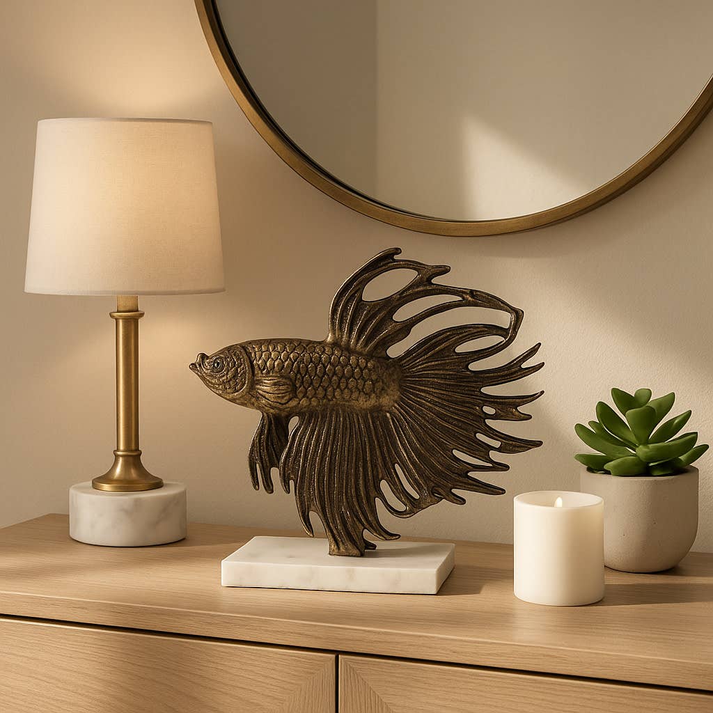 Sculpture - Gold Metal Accomac Fish on Marble Stand