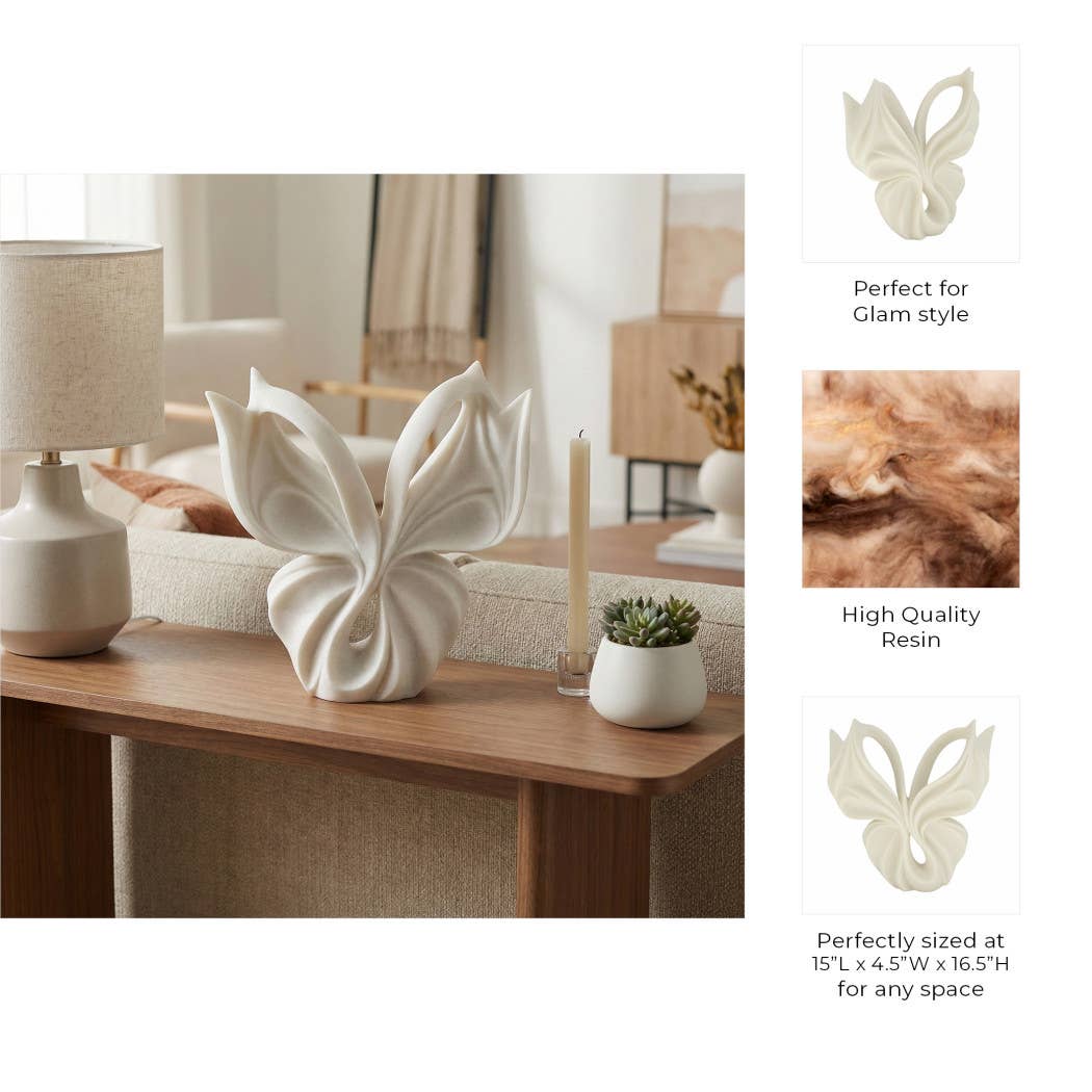 Decorative Sculpture - White Quartz Resin Butterfly, 16 in.