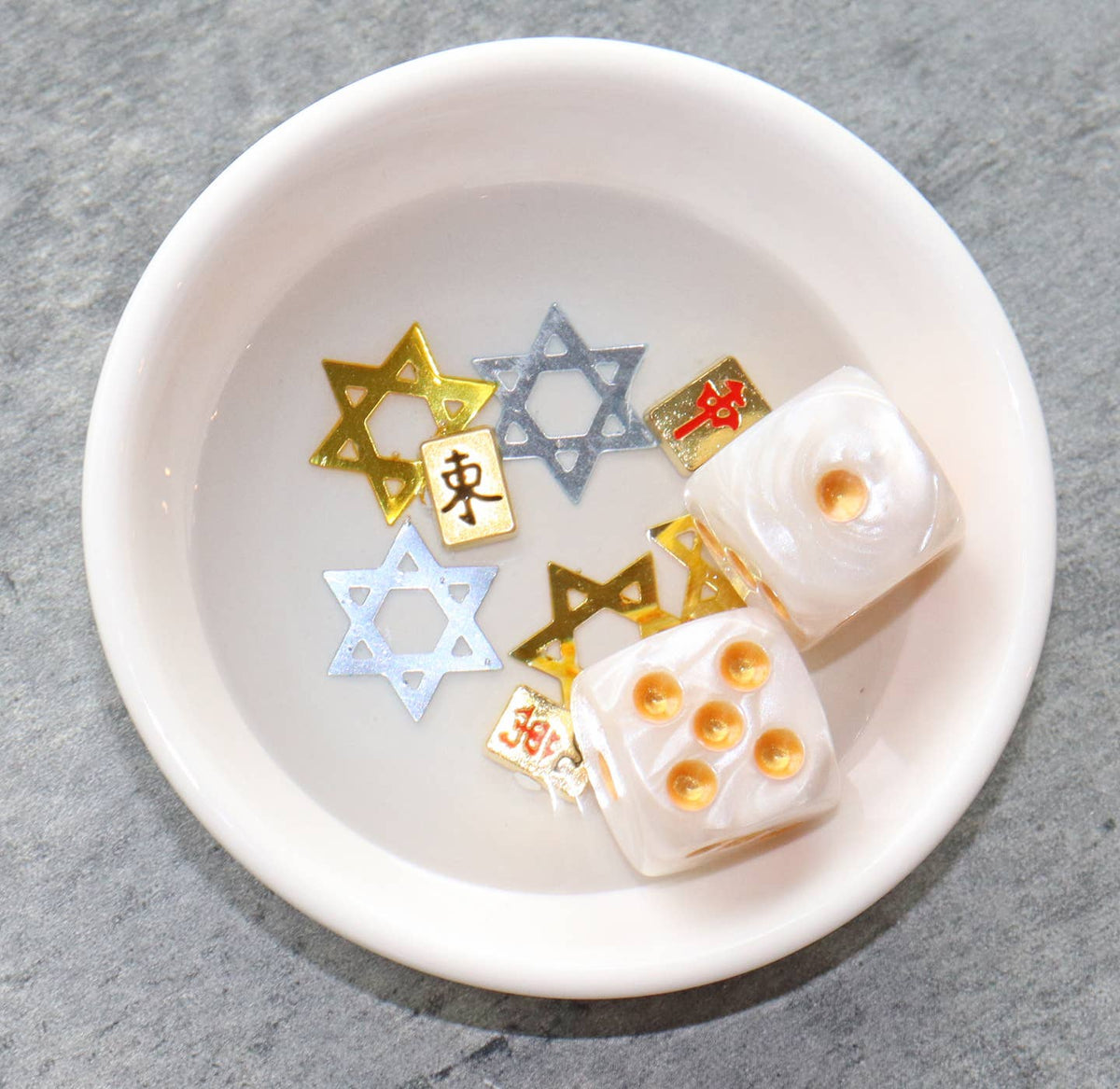 Mahjong Jewish Stars Round Ceramic Dish W/ Dice
