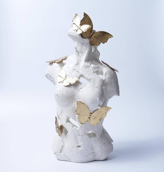 White Torso Sculpture with Golden Butterflies Decor