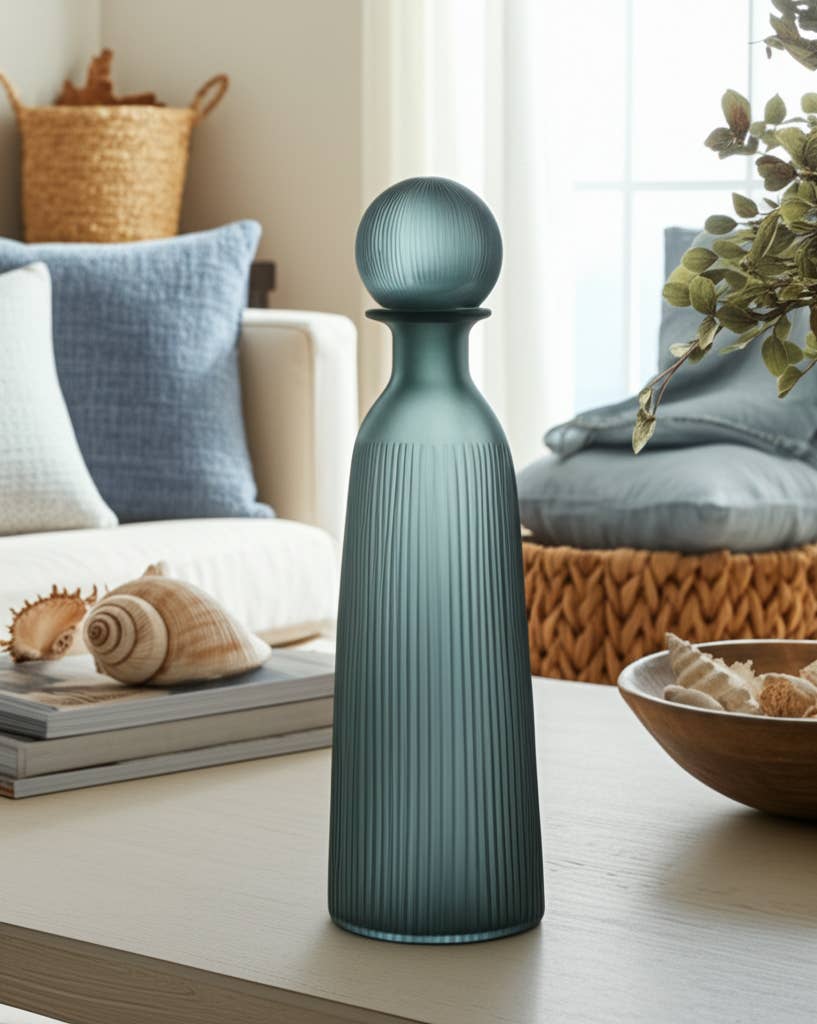 Glass Vertical Ribbed Vase with Stopper- Gray, 17 in.
