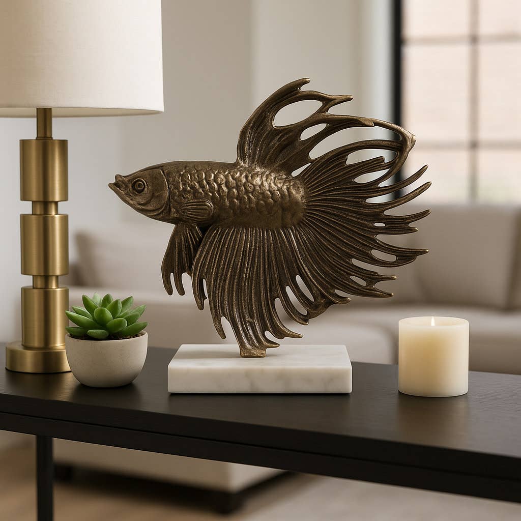 Sculpture - Gold Metal Accomac Fish on Marble Stand
