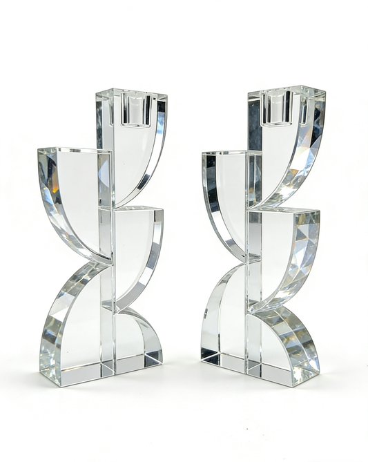 7" Modern Crystal Sculptural Candle Holders, Clear – Set of 2