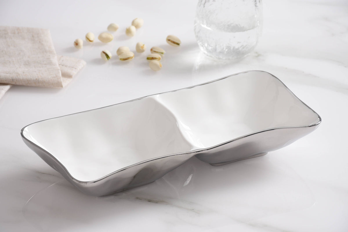 2 Section Server in White and Silver Porcelain dish