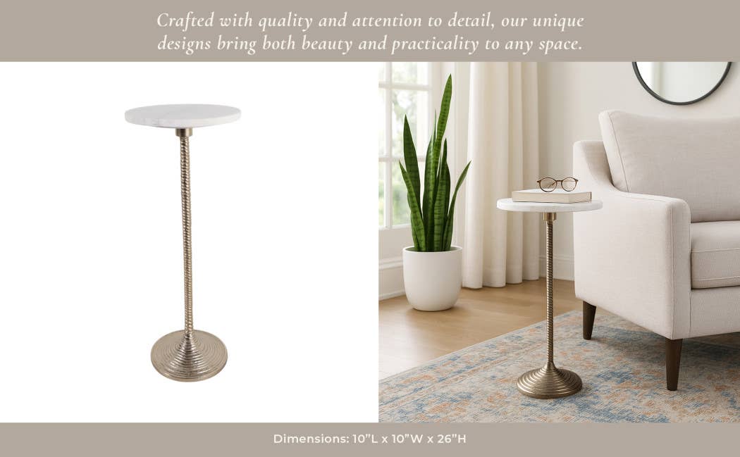Drink Table - White Marble Top Pedestal Metal Base, 26 in.