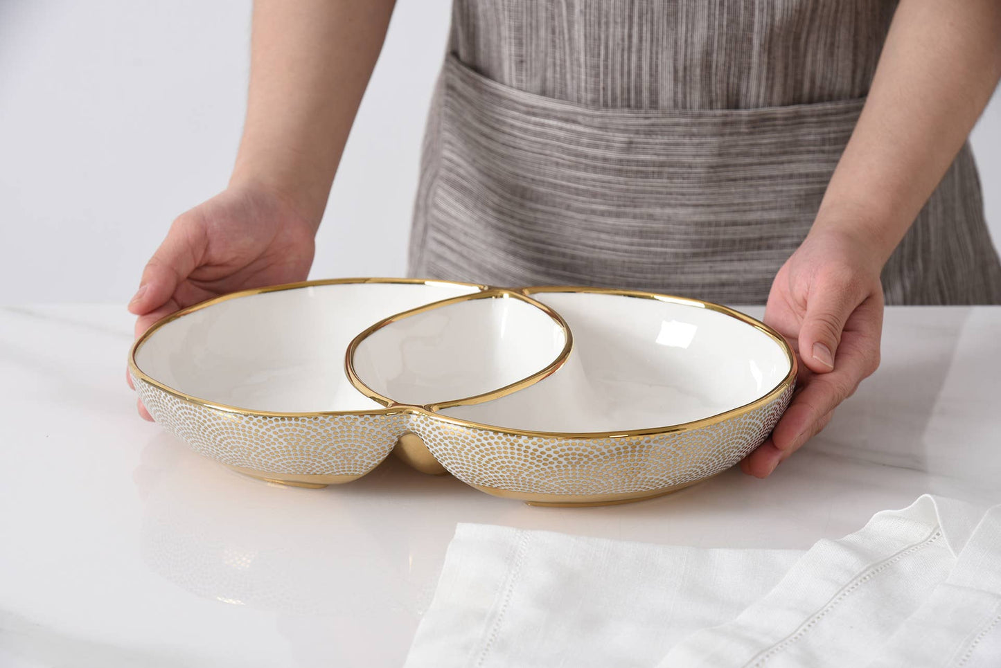 3 Section Server (White Porcelain with Gold Dots)