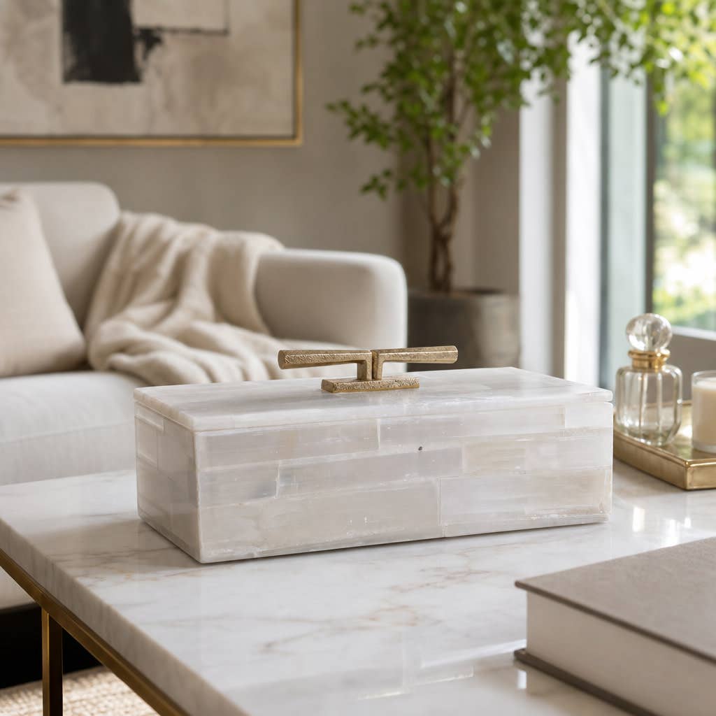 Decorative Box - White Selenite Stone with Gold Top