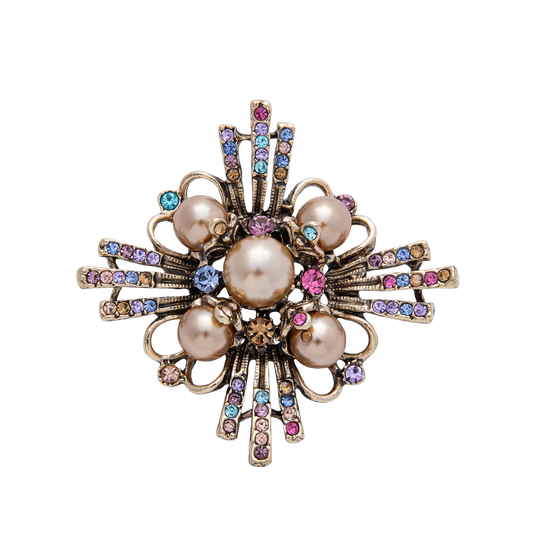 Vintage Gold Multi-Colored Rhinestone and Faux Pearl Brooch Pin