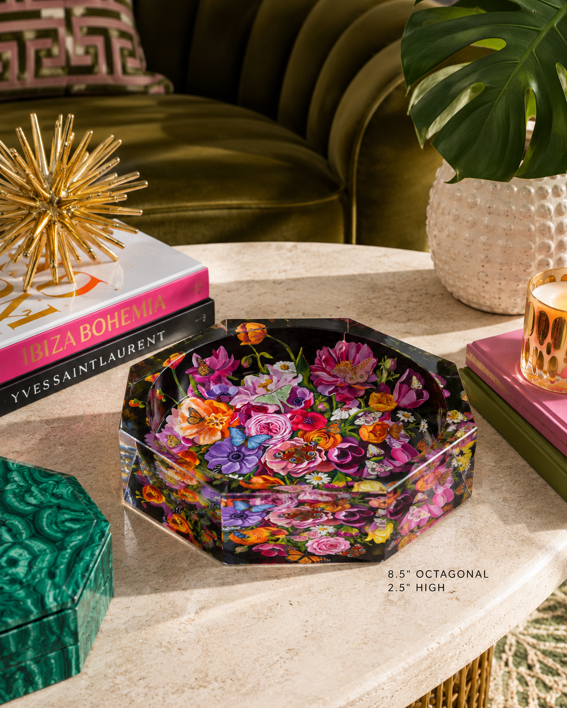 Octagon Acrylic Bowl,  Elegant Floral