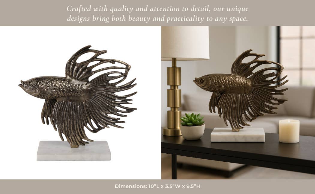 Sculpture - Gold Metal Accomac Fish on Marble Stand