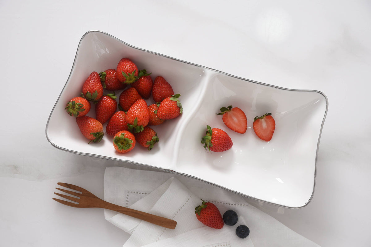 2 Section Server in White and Silver Porcelain dish