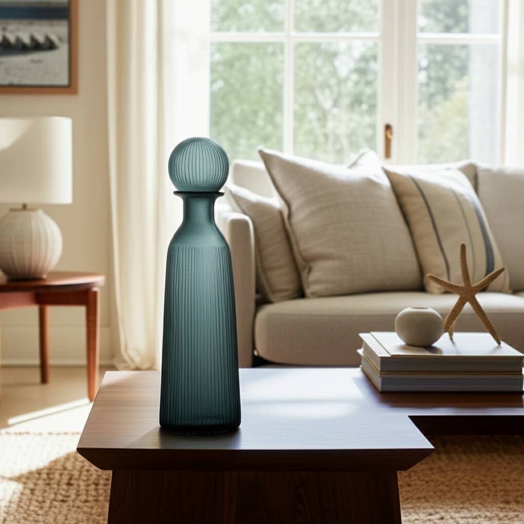 Glass Vertical Ribbed Vase with Stopper- Gray, 17 in.